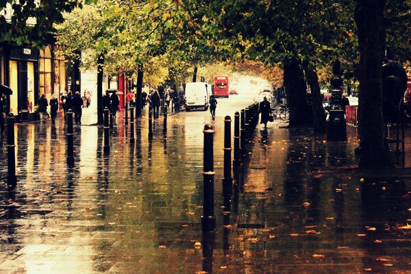 Dans la ville dans la rue est venu un véritable automne pluvieux