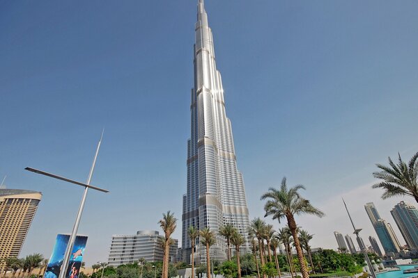 Dubai skyscrapers among palm trees against the blue sky