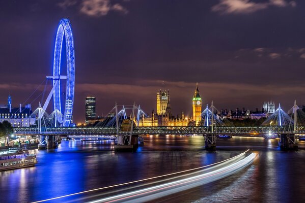 Night city over the river in England