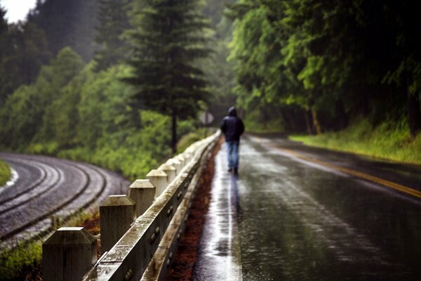 Un hombre camina por el camino bajo la lluvia