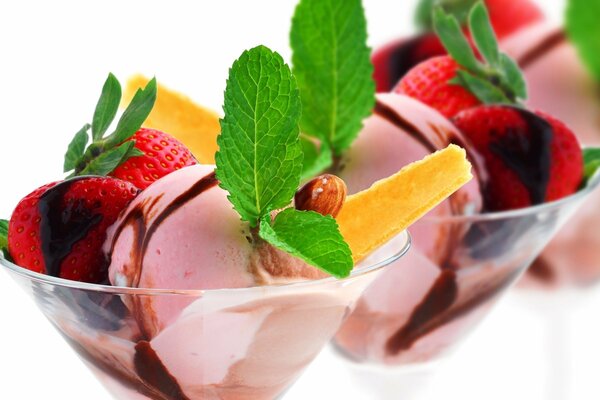 Dessert ice cream with strawberries and mint