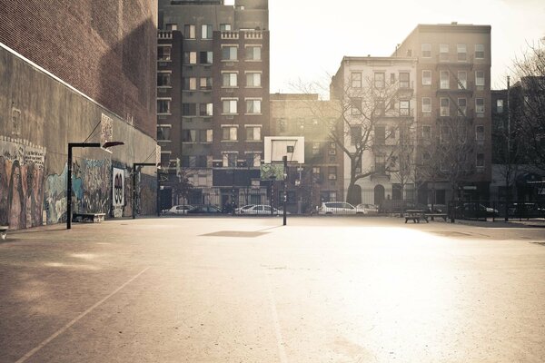 Basketball court under the bright sun