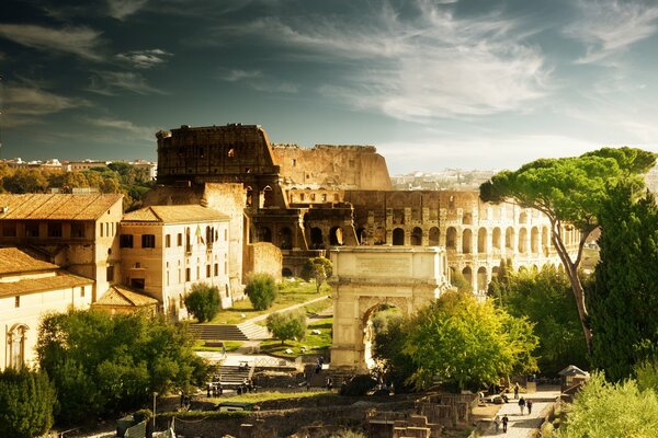 Roman architecture with trees and people