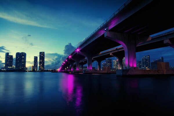 Serata a Miami. Fiume e ponte con luci