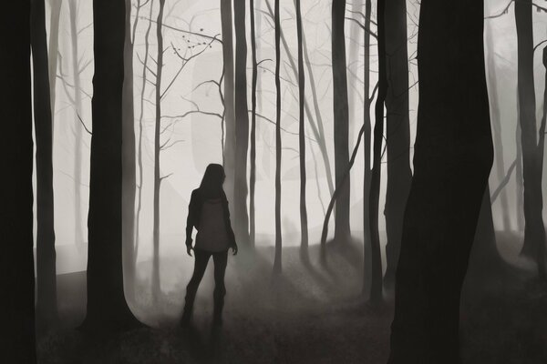 Silhouette di una ragazza nella foresta oscura