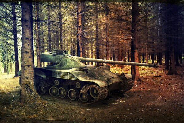 A big tank in the autumn forest