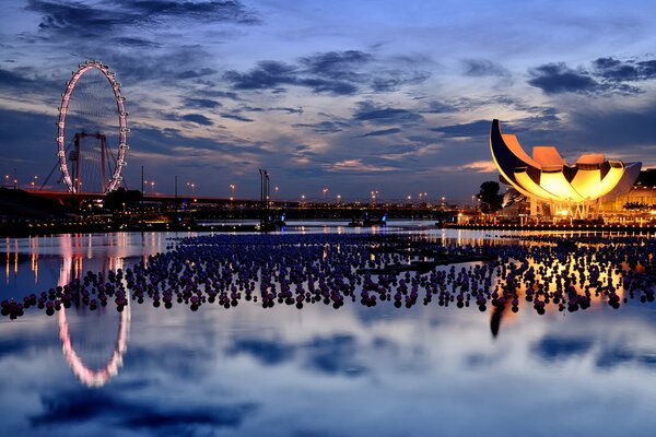 The light Ferris wheel is reflected in the water