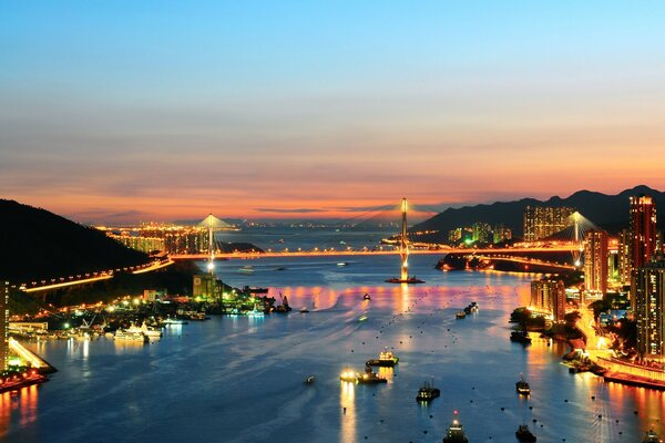 Hong Kong bridge over the Strait and boats