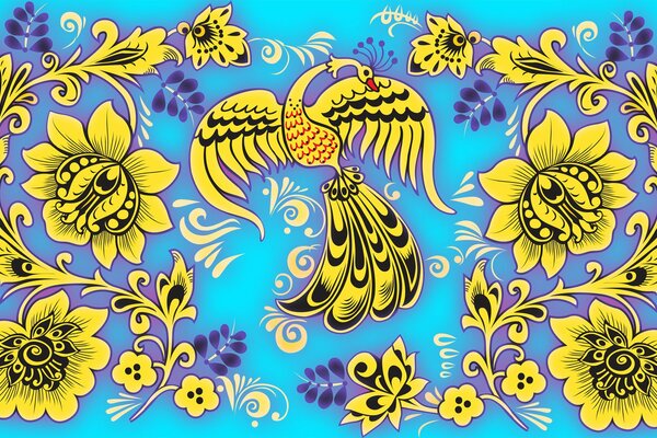 Firebird in yellow on a blue background