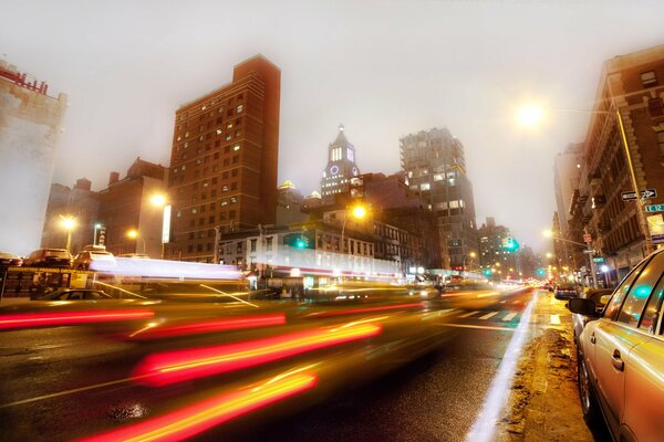 Night lights of passing cars