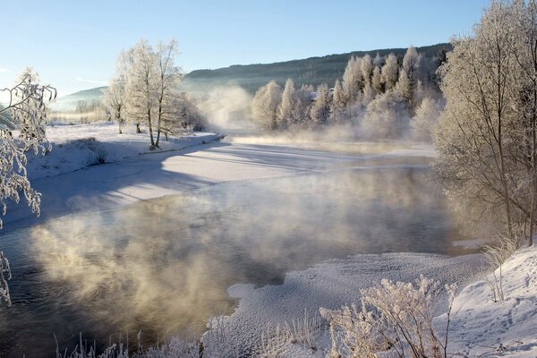 Am Wintermorgen Nebel über dem Fluss