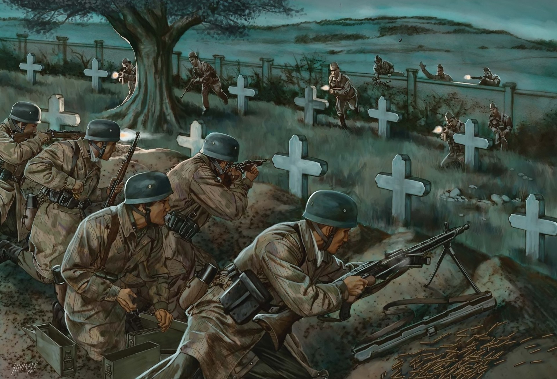 cimitero arte colpi guerra combattimento soldati mitragliatrice ww2 disegno fucili