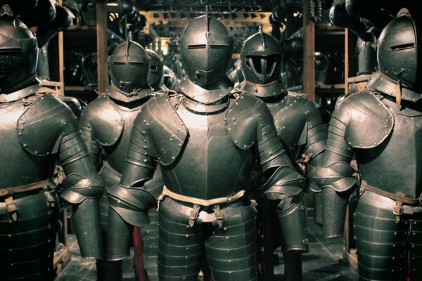 Shiny knight armor made of metal with rivets