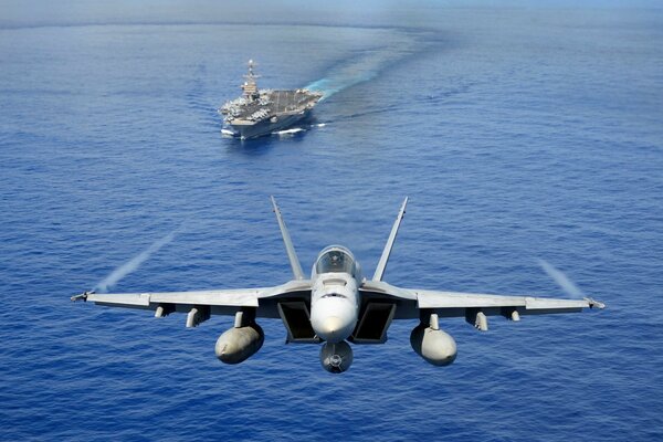 The plane took off from an aircraft carrier in the open sea