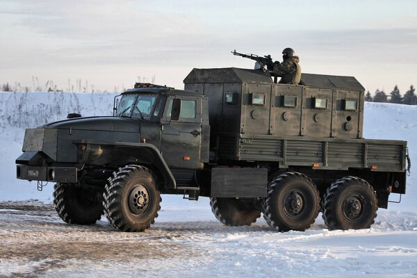 Russian armored car stopped on winter road