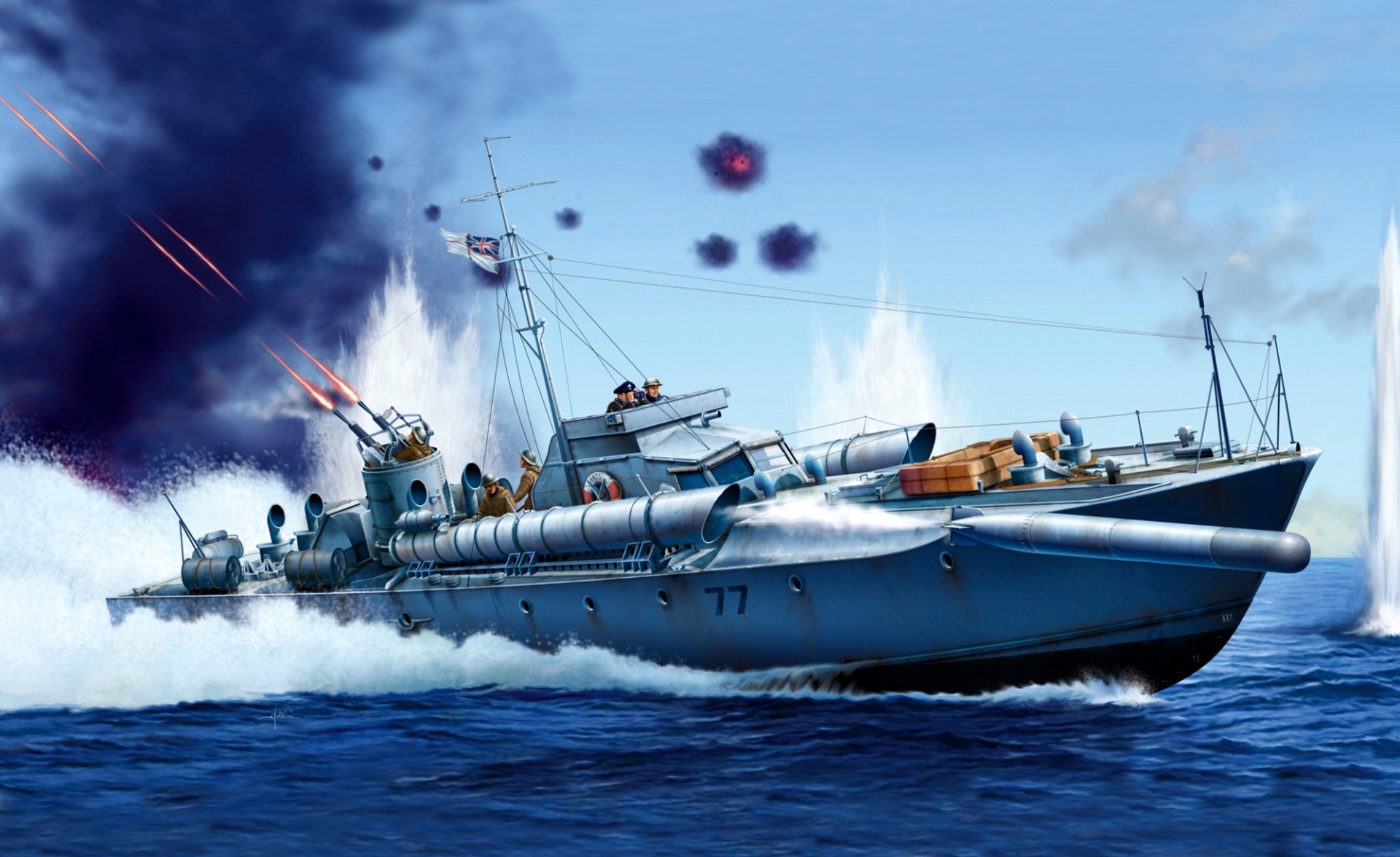 art 4-small boat aerial artist depth charges great britain three armament dark ww2 engine torpedo 72-6 fast 40 knots crew ship 2x 533 mm machine apparatus vickers machine gun 10-13 people sea light bomber battle