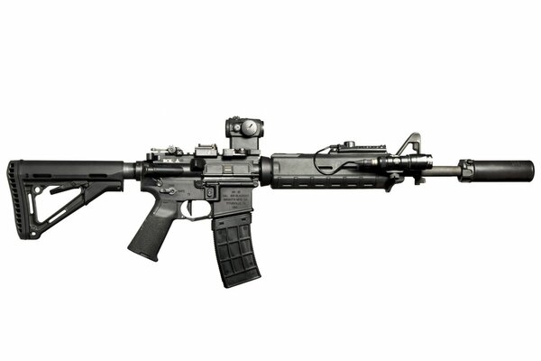 Assault rifle with silencer on white background