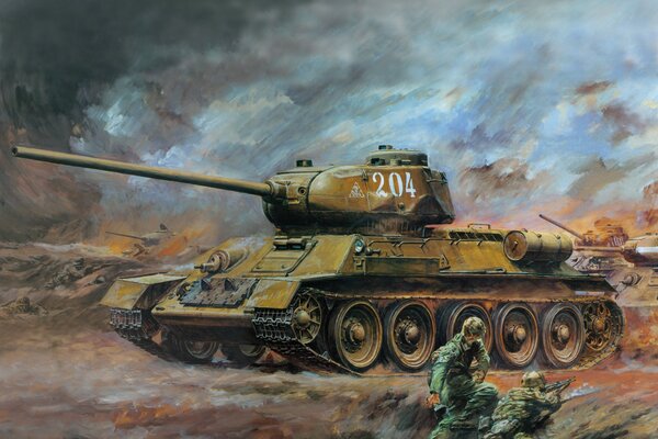 Drawing of a T-34-85 military tank and soldiers