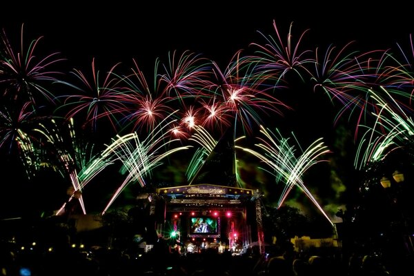 Multicolored fireworks at the concert