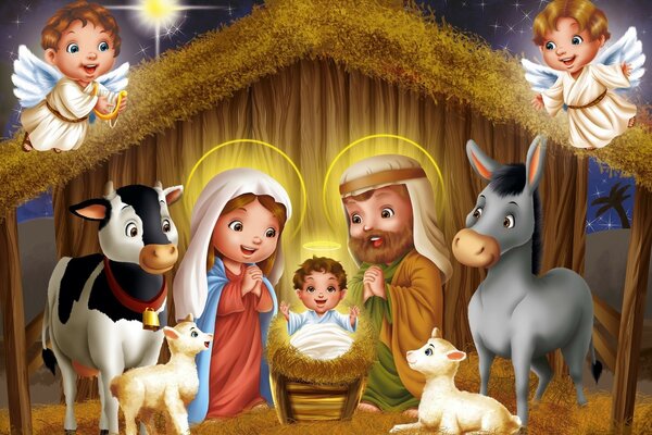 Navidad de Jesús en un establo con mascotas