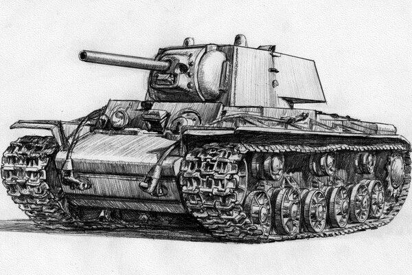 The black and white tank is drawn in pencil on paper