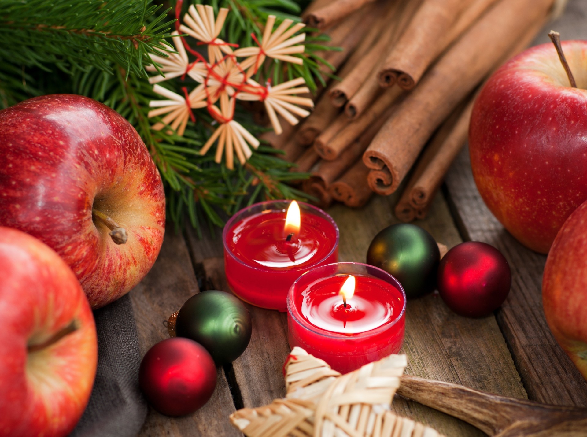 christmas new year apples decoration branches balls furnishings candles red holidays cinnamon toy