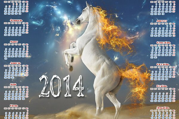 New Year s calendar for 2014 with a white horse