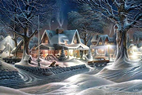 Hermosa imagen de invierno para Navidad con casa y luces