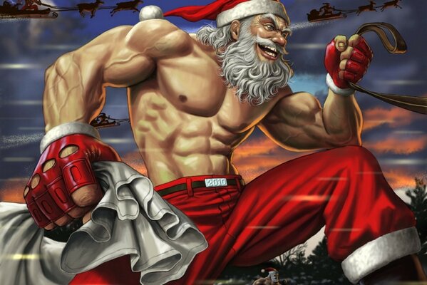 Sporty Santa Claus is in a hurry for the new year