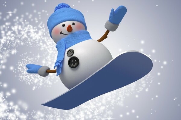 A snowman is flying on a blue skateboard