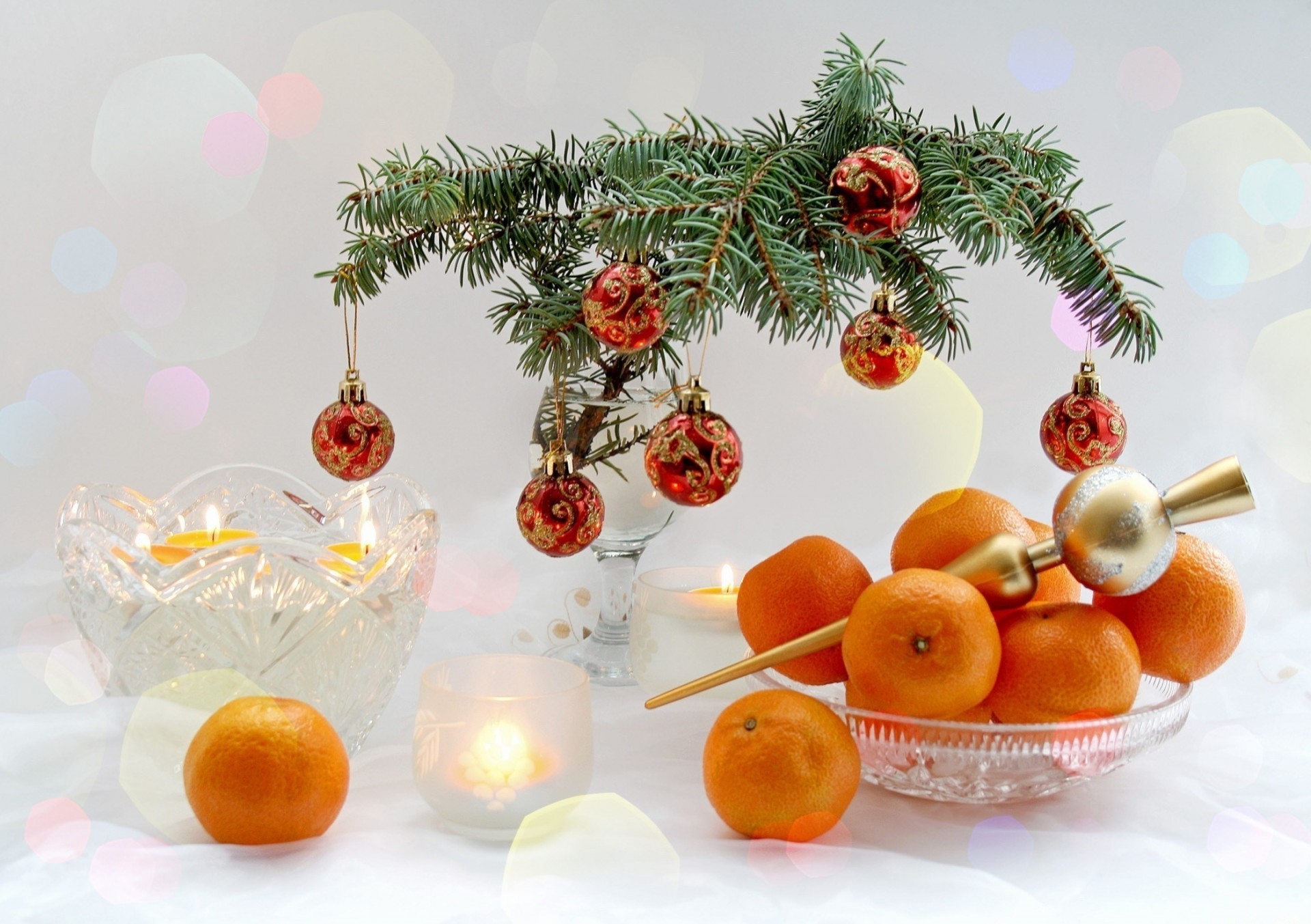 christmas tree new year fruits holiday mandarins tableware branches bucket table skewer