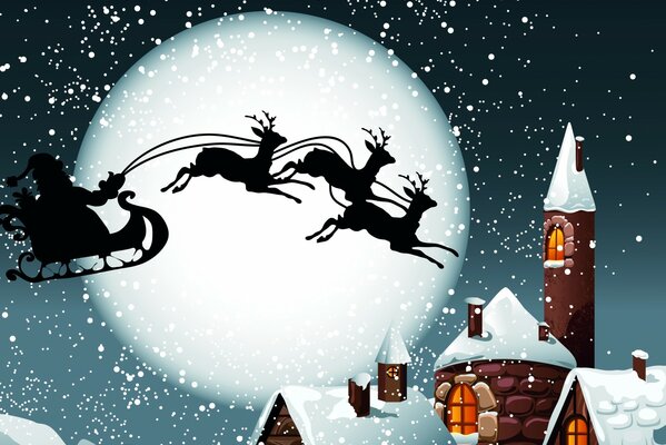 Christmas card with Santa s flying sleigh