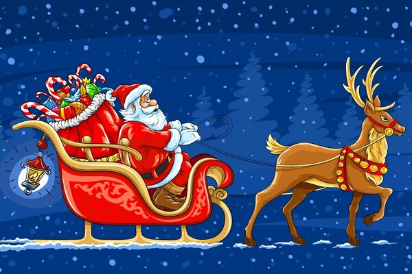 Santa is in a hurry for the new year in a sleigh with reindeer