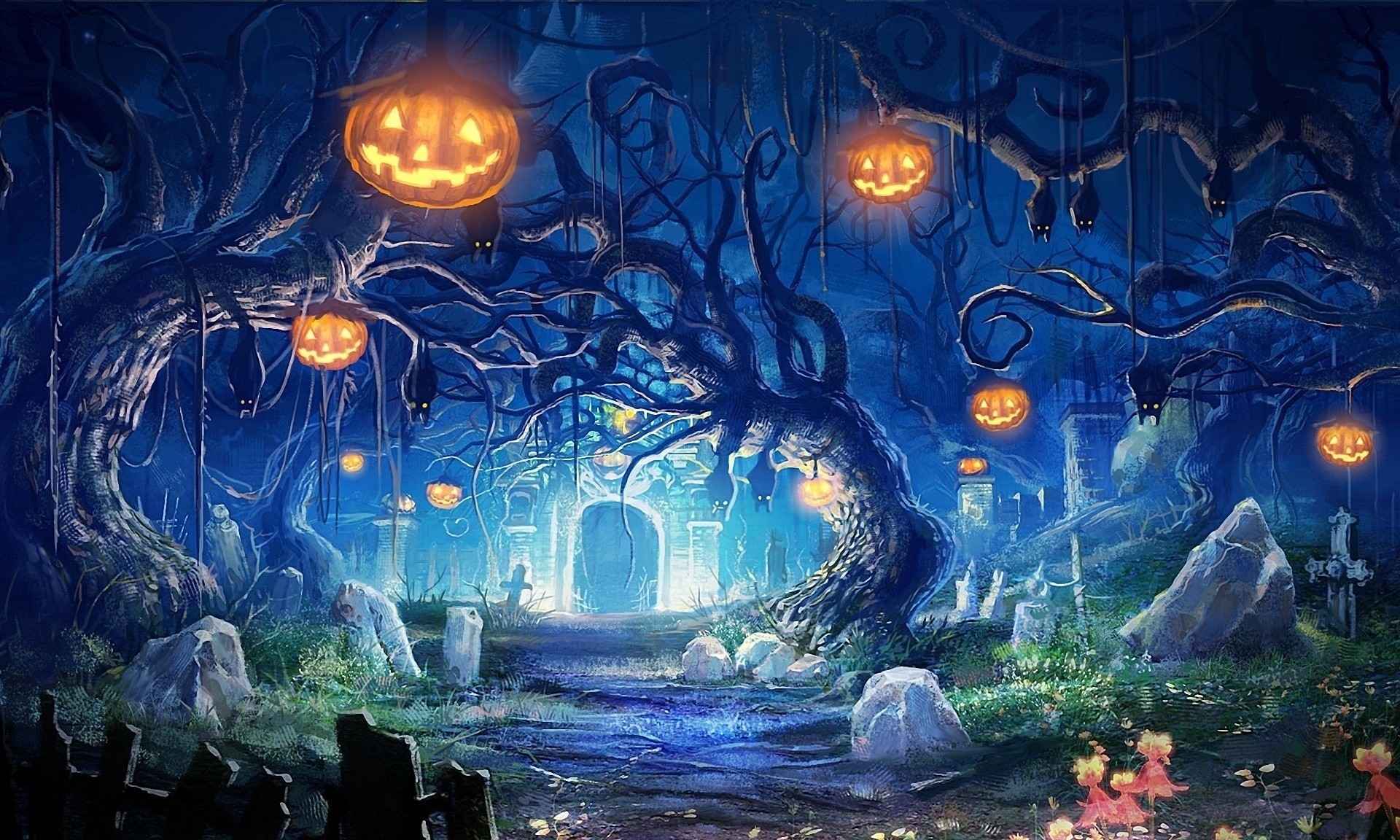 luci cimitero helloween tombe notte pietre zucche pipistrelli cripta