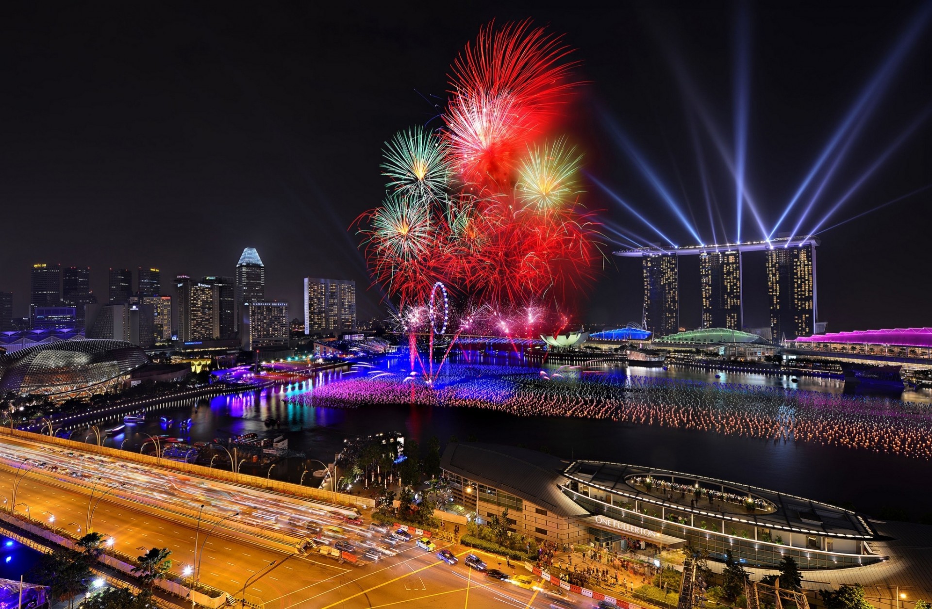 lichter wolkenkratzer nacht neujahr feuerwerk urlaub metropole stadt singapur architektur 2014 beleuchtung marina bay sand