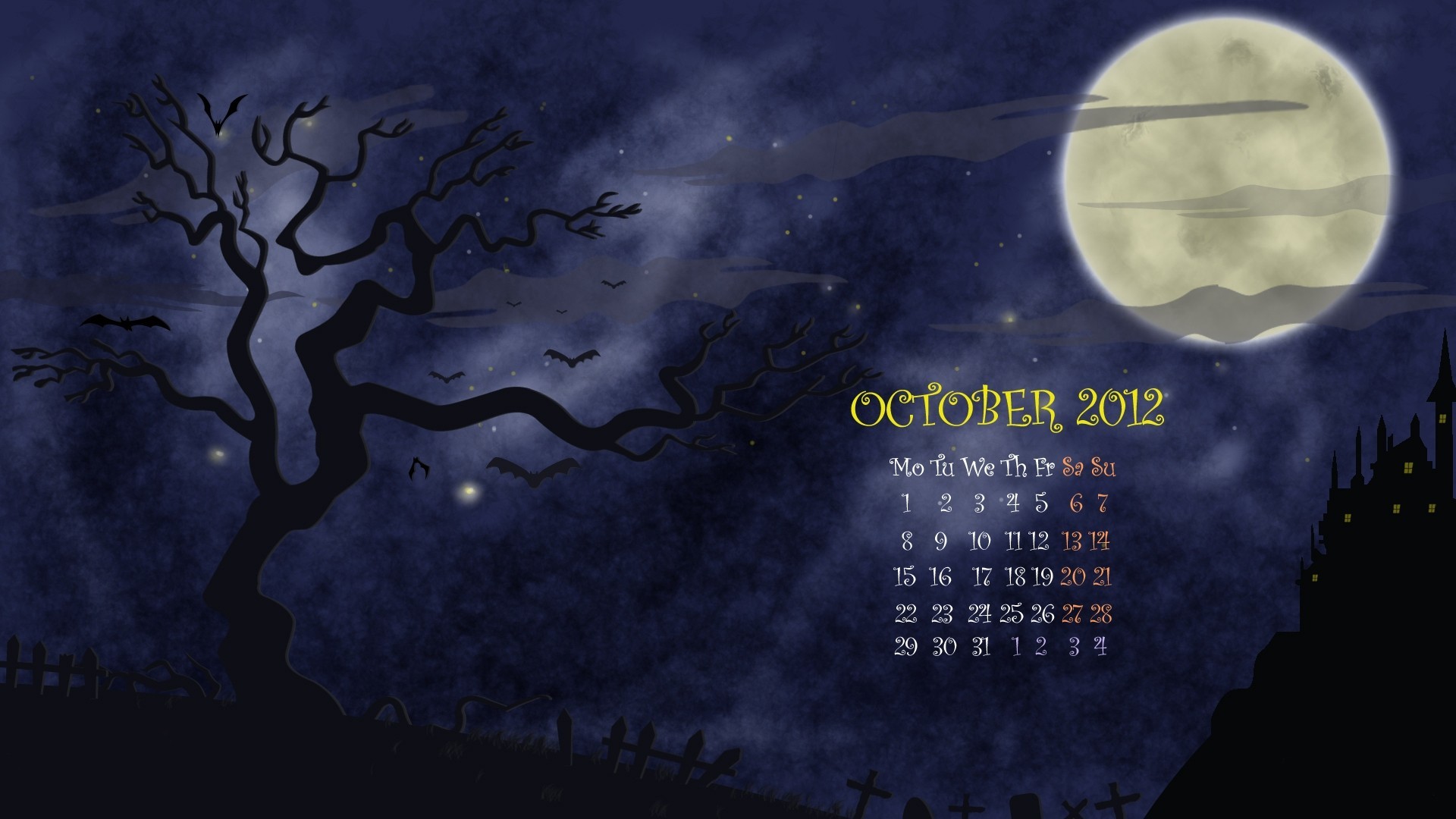 cementerio mes halloween calendario árbol fila patrón luna noche vector octubre