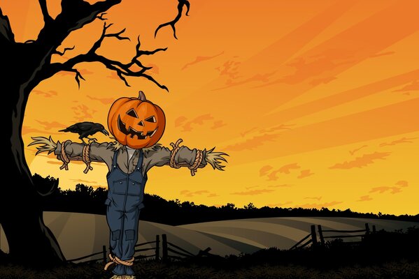 A creepy scarecrow with a pumpkin for a head