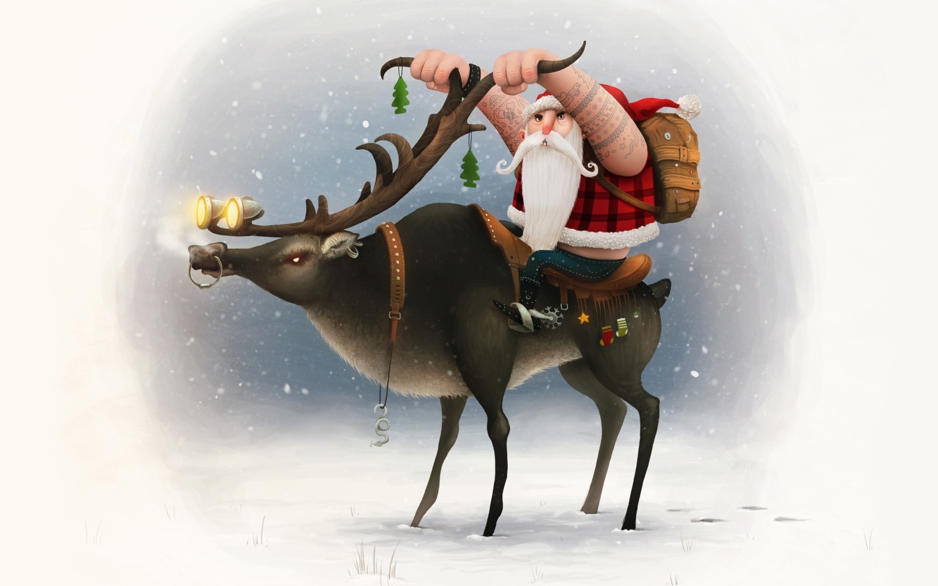 new year santa claus background horn snow biker reindeer