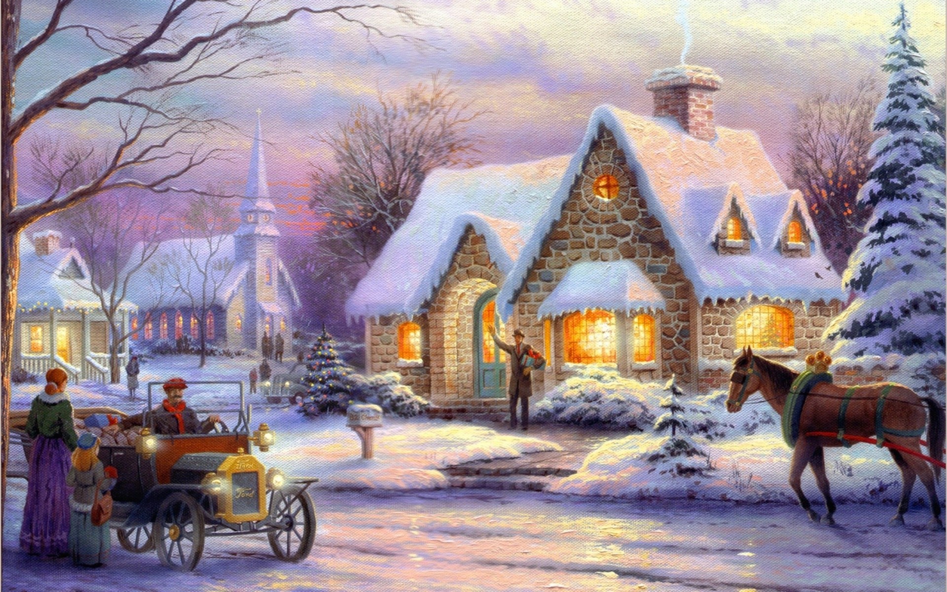 cheval neige noël art thomas kincaid hiver peinture nouvel an