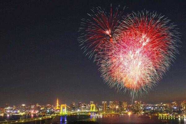 The night city is lit up by fireworks