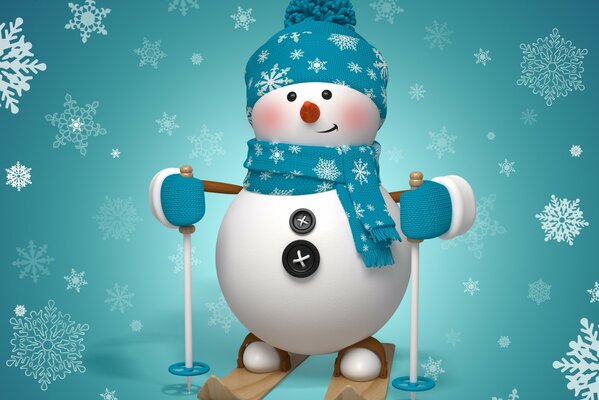 Cute snowman on skis with snowflakes pra