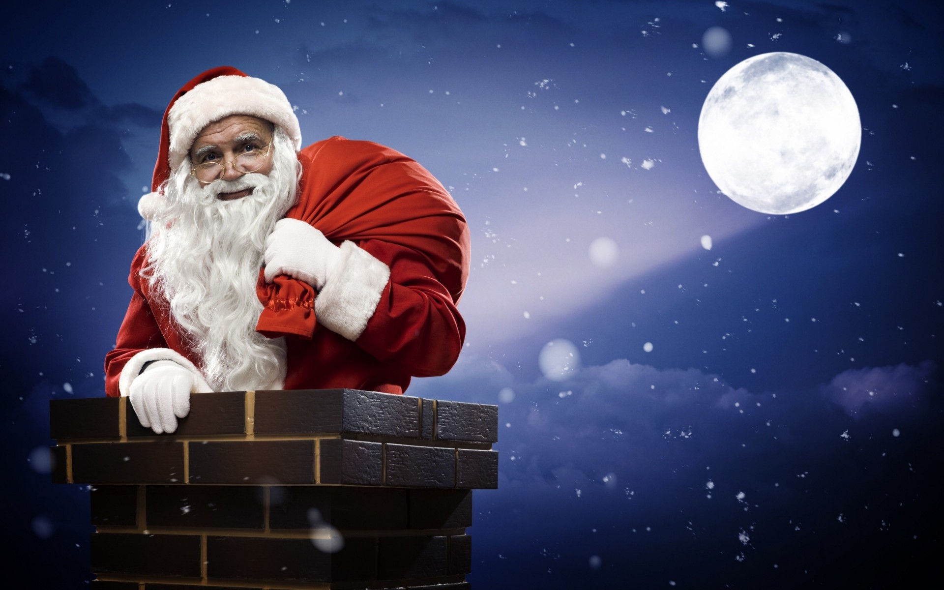 belleza noche año nuevo papá noel santa claus chimenea bolsa luna trompeta