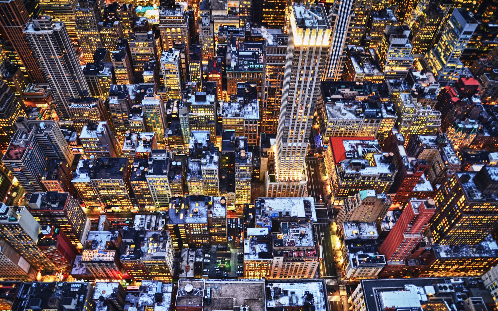 new york skyscraper buildings roof lights night winter