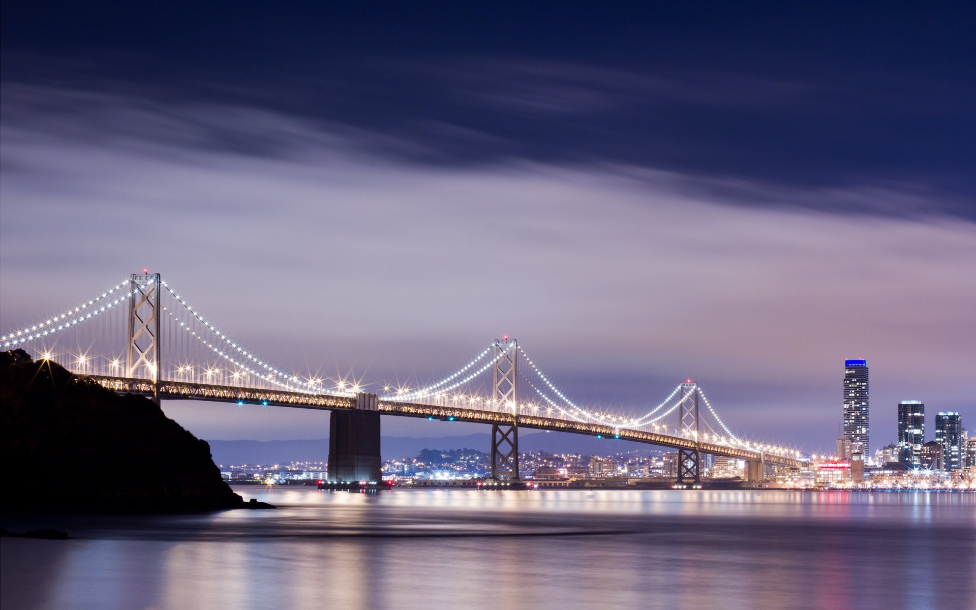 san francisco ville pont rivière lumières eau réflexion ciel nuages bâtiments maisons pont de la baie lumières 2560x1600