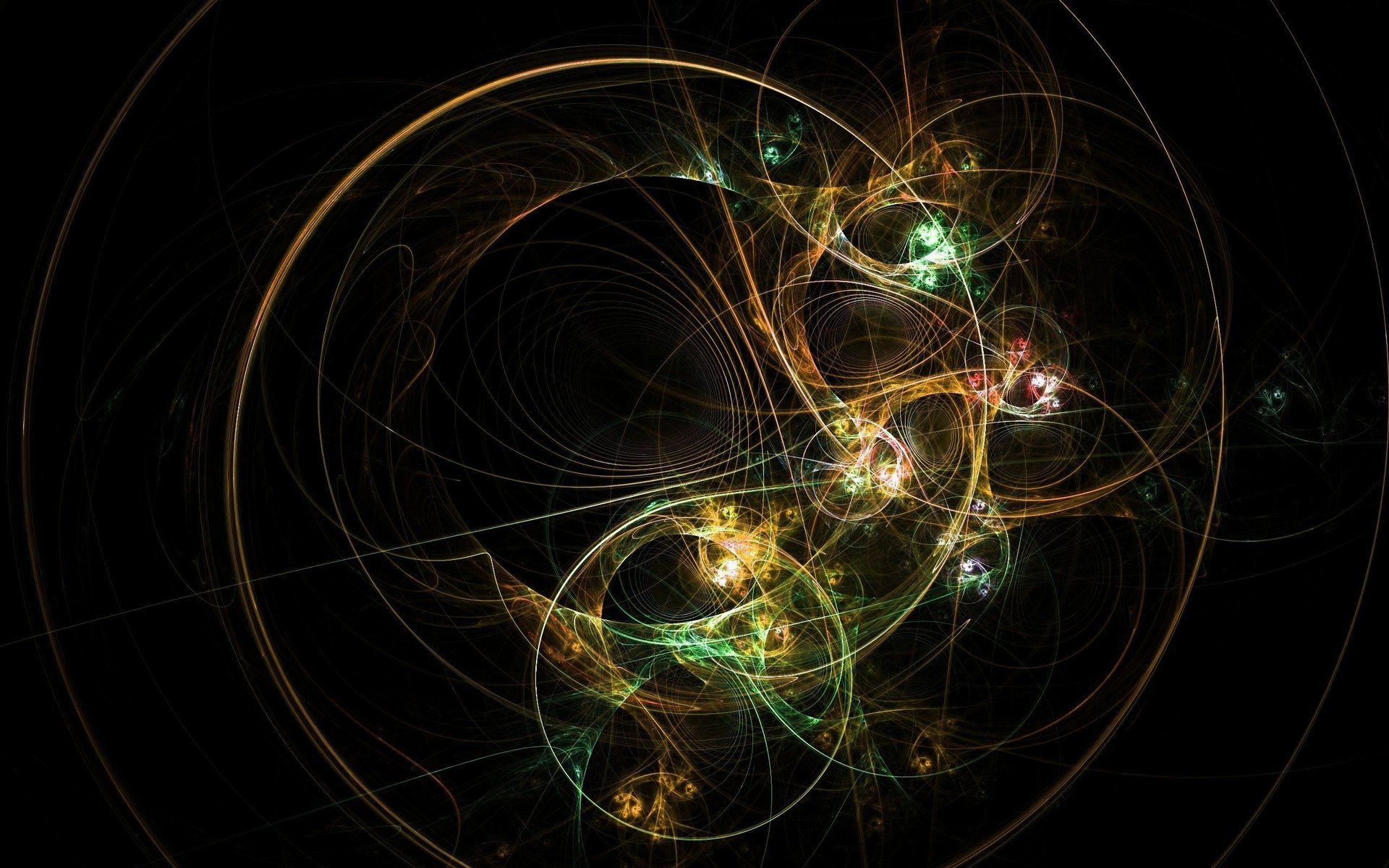 fractal circles black background line yellow green