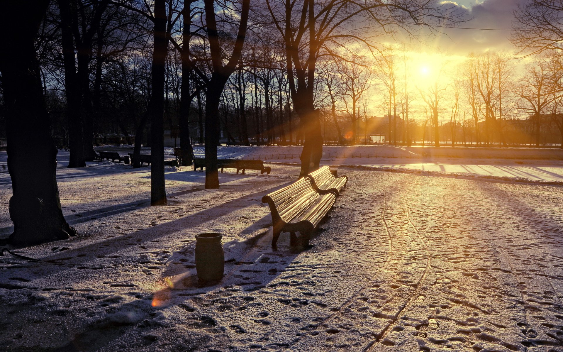 town park spring sunset bench