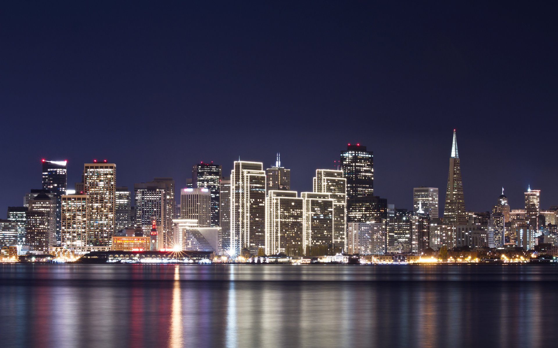 san francisco città edifici luce di notte luci riflessione fiume acqua casa cielo lanterne 2560x1600