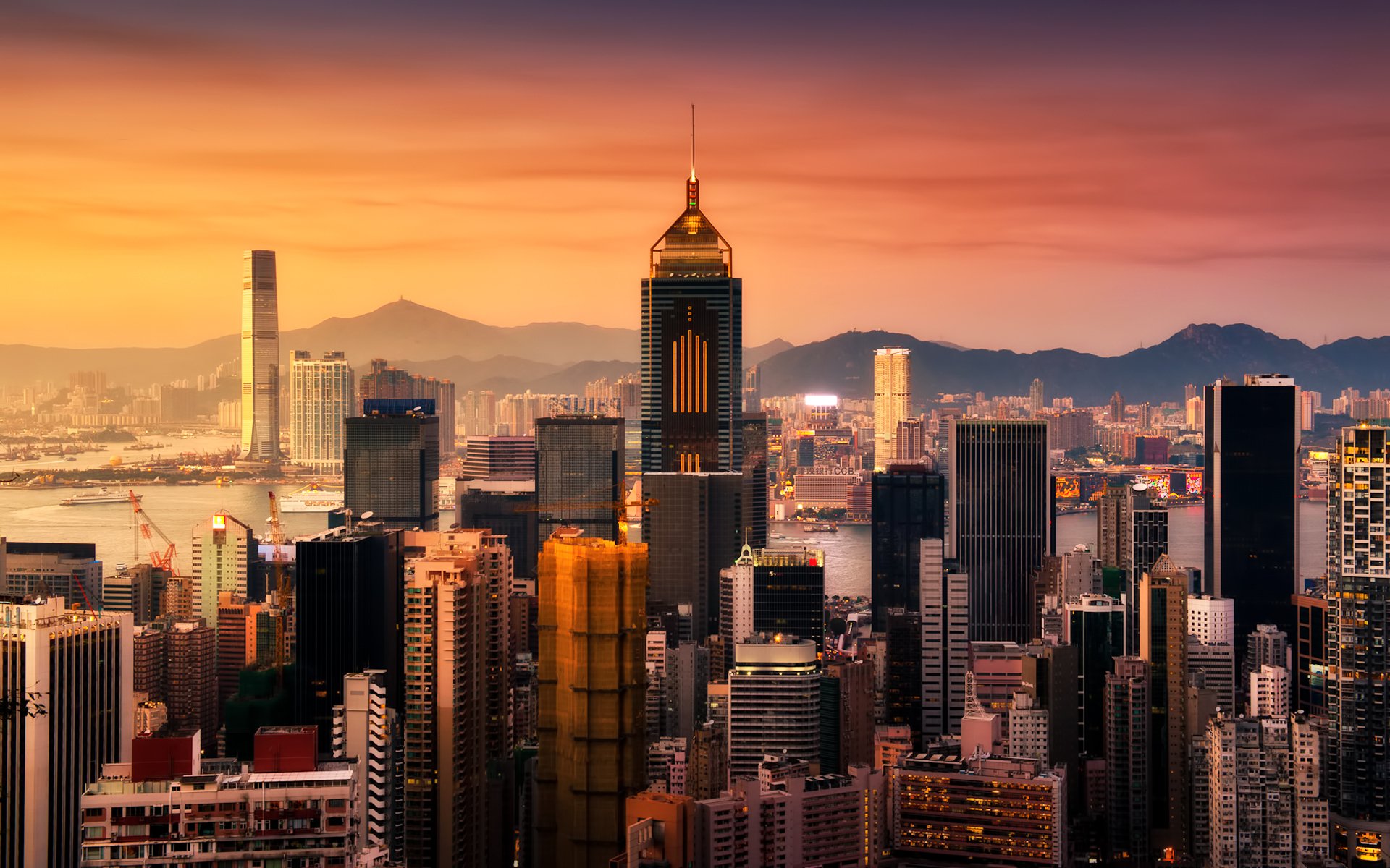 hong kong sunset buildings skyscraper gulf