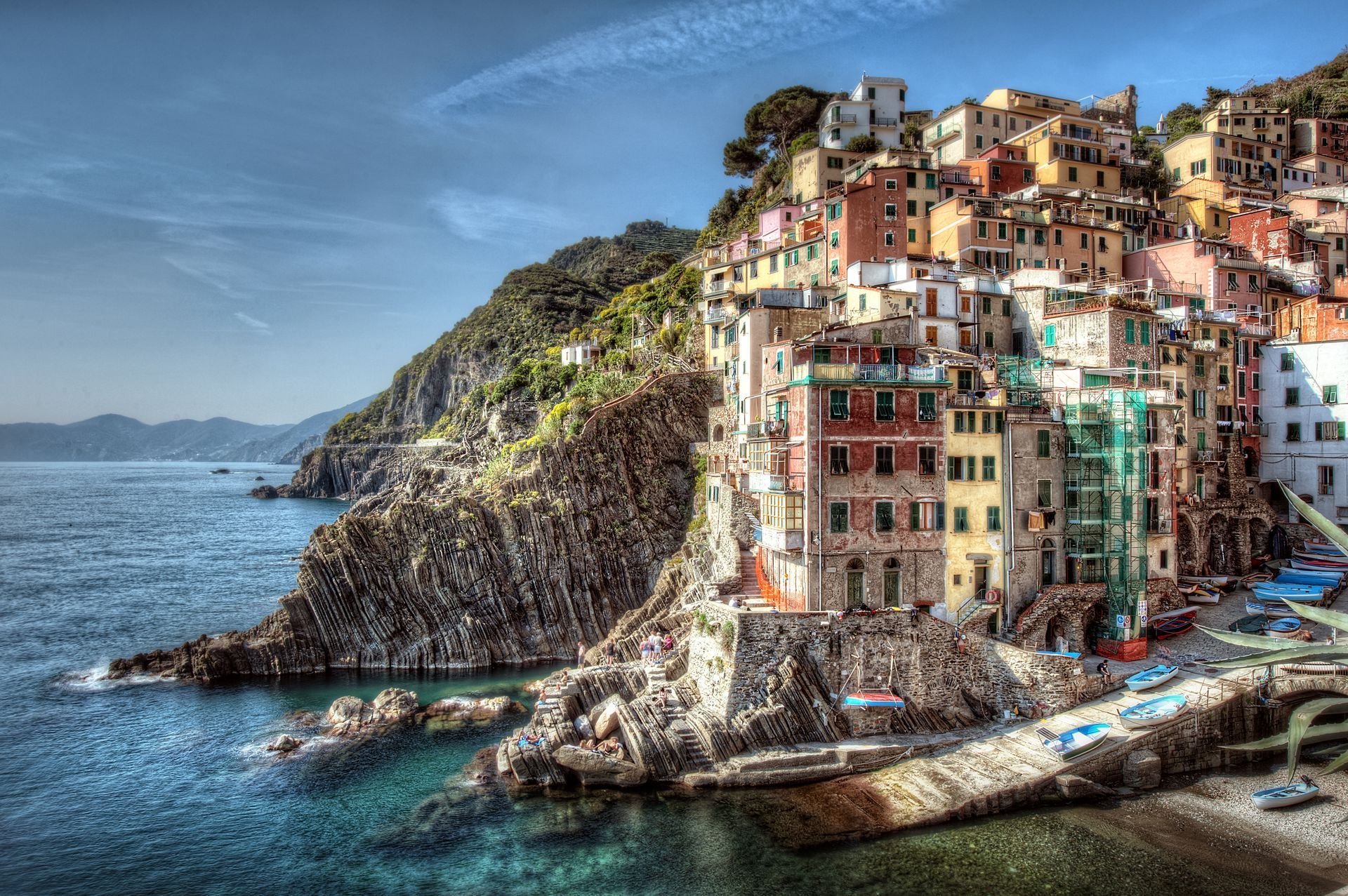 riomaggiore italy coast landscape buildings rock boat sea