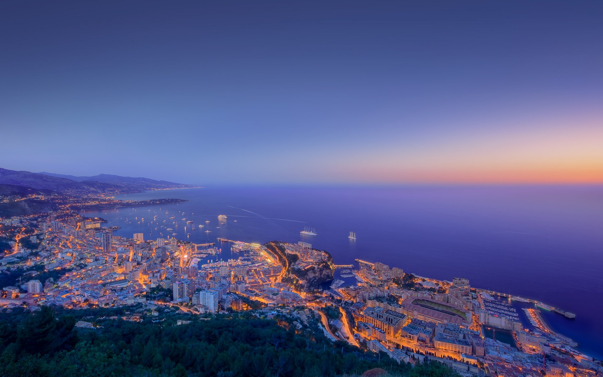 monaco côte mer lumières navires bâtiments coucher de soleil